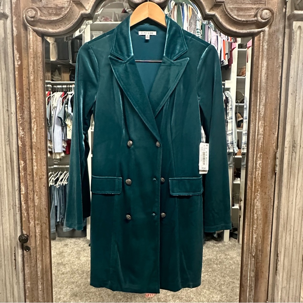 City Vibe Teal Velvet Double-Breasted Blazer Dress